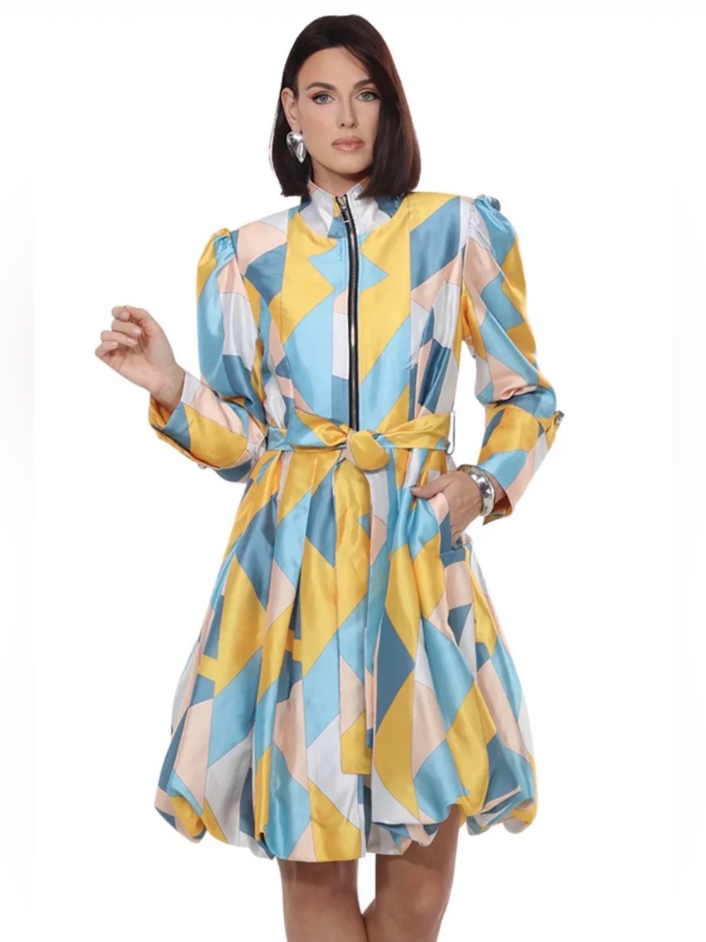 Geometric Print Belted Bubble-Hem Dress